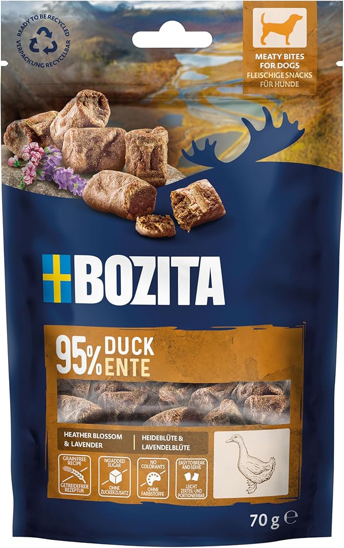 BOZITA Meaty Bites - Snack per cani con 95% di anatra, 70 g, porzionabile con una sola mano, senza cereali, senza pollo e senza glicerina, deliziosi che il tuo cane adorerà