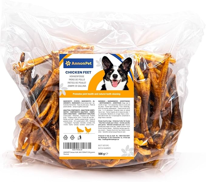 AnnonPet® Zampe di Gallina Pollo Essiccate. Snack per Cani ideali come Premietto e per l’Addestramento. Masticativi per cani Carne secca MAXI FORMATO 500 grammi