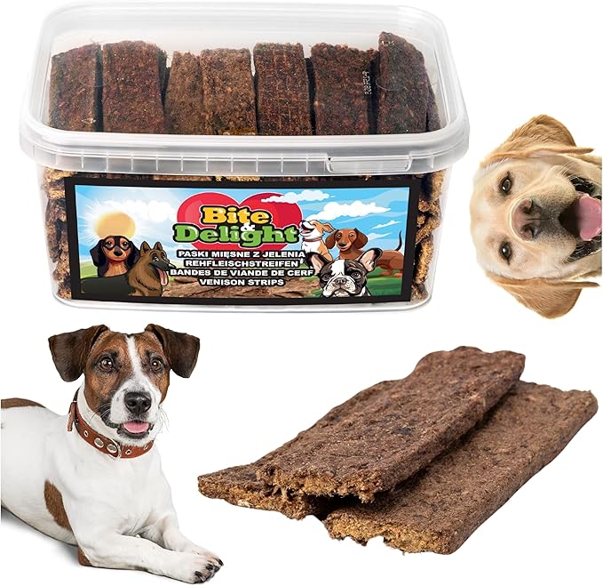 Bite & Delight 1100g Strisce di Carne di Cervo – Snack di Carne di Cervo per Cani – Morbide Strisce di Selvaggina 98% – Facile da Digerire – Ideale per le Articolazioni
