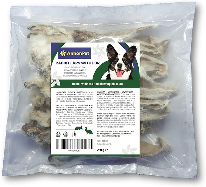 Annonpet Orecchie Di Coniglio Con Pelo A Basso Contenuto Di Grassi, Spuntino Da Masticare Per Cani - 250 Grammi