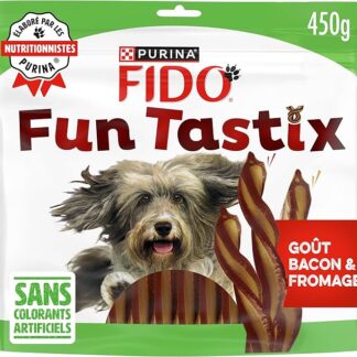 Fido | FUNTASTIX | Dolcetti in Bastoncini | Cane Adulto | Ricchi di Omega 3 & 6, Vitamine B e antiossidanti | Gusto Bacon Formaggio | Prodotto in Francia | Bustina | 450g