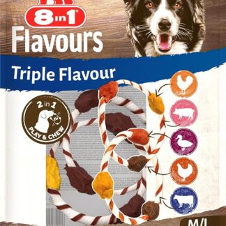 8in1 Triple Flavour Rings M/L snack per cani - Snack da masticare per giocare e masticare con carne extra, busta da 120 g 2 doppi anelli
