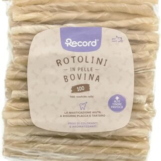 Record 100 bastoncini per cani fini. Rotolini per Cani in Pelle Bovina. Masticativi per Cani, Confezione da 100pz in plastica termoretratta. Lunghezza 13cm e 4g di peso cadauno cani di taglia piccola.