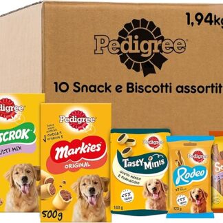Pedigree Snack e Biscotti Cane, Confezione Assortita in Diverse Varietà (Cani di Tutte le Taglie) - 8 Snack e 1kg di Biscotti, Biscrock e Markies, Totale 1944 g