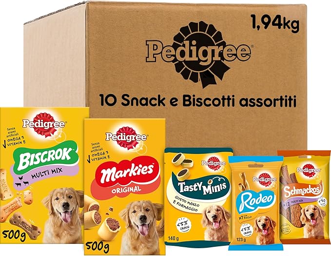 Pedigree Snack e Biscotti Cane, Confezione Assortita in Diverse Varietà (Cani di Tutte le Taglie) - 8 Snack e 1kg di Biscotti, Biscrock e Markies, Totale 1944 g