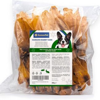 AnnonPet® 250 Grammi di Orecchie di Coniglio senza Pelo a Basso Contenuto di Grassi | Spuntino da Masticare per Cani | Dieta Barf | Made in Italy
