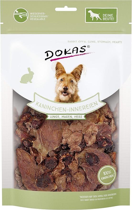DOKAS Frattaglie di coniglio, spuntino naturale senza cereali, per cani di coniglio, con polmoni, stomaco e cuore, 1 x 100 g
