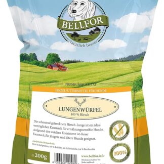 Bellfor Articolo da masticare per cani – Cubo di polmone cervo – 200 g senza cereali, altamente digeribile e ipoallergenico per tutte le razze di cani. Articolo naturale previene la formazione di