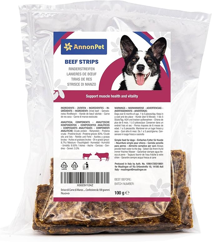 AnnonPet® Strisce di Carne di Manzo Snack per Cani Biscotti per Cani da Masticare Carne Essiccata Ricca di Proteine Masticativi Naturali Premietti Barf 100 grammi