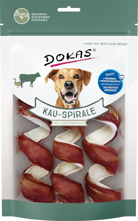 DOKAS Spirale da masticare con petto d'anatra – Snack Premium senza cereali per cani di pelle bovina e anatra – Ideale per tanto tempo – 1 x 110 g