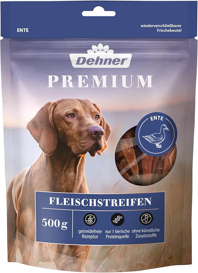 Dehner Spuntino per cani di alta qualità, senza cereali, senza grassi, spuntino da masticare per cani adulti, filetto di petto d'anatra a strisce, 500 g