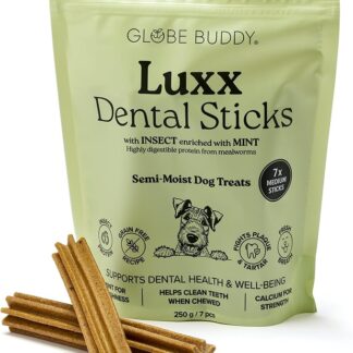 Globe Buddy Luxx Dental Sticks, 250g | Igiene dentale cane | Dental stick per cani senza cereali con proteine di insetti | Riduzione placca e tartaro cane | Snack cane qualità premium | 7 sticks