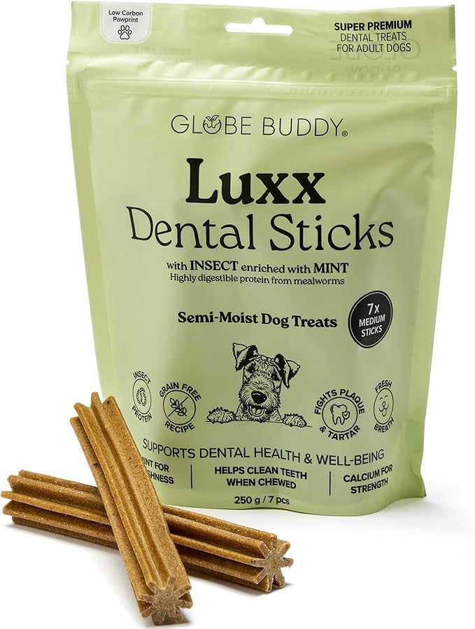 Globe Buddy Luxx Dental Sticks, 250g | Igiene dentale cane | Dental stick per cani senza cereali con proteine di insetti | Riduzione placca e tartaro cane | Snack cane qualità premium | 7 sticks