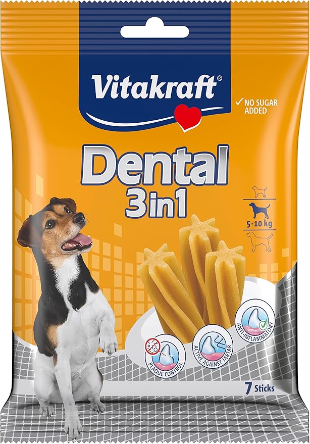 Vitakraft Dental 3 in 1, bastoncini per la cura dei denti, per cani di piccola taglia, senza zucchero (1 x 7 pezzi)