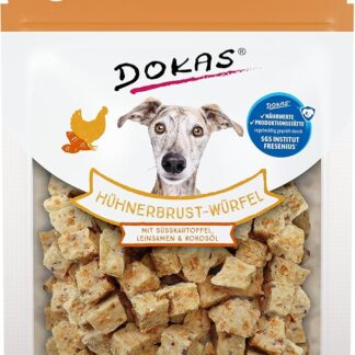 DOKAS Cubo di petto di pollo – snack premium superfood per cani dal petto di pollo – con patata dolce, semi di lino e olio di cocco – 1 x 150 g