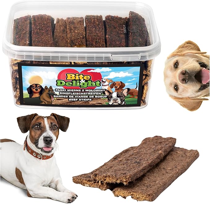 Bite & Delight 400g Strisce di Manzo per Cani – Snack Naturale da Masticare – Strisce di Manzo Essiccate Ricche di Proteine – Cura Dentale e Ricompensa