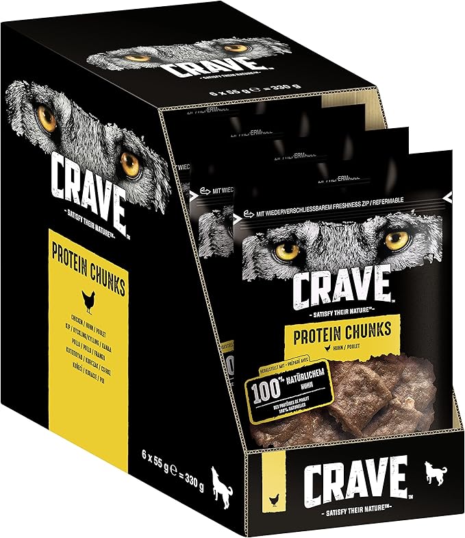 Crave Spuntini per cani Chunks proteici con pollo naturale al 100%, 6 confezioni (6 x 55 g)