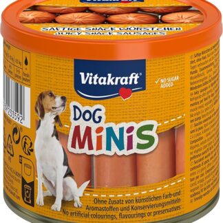 Vitakraft Dog Minis, snack cane, piccoli wurstel con pollame, in barattolo con coperchio, snack per l’addestramento del cane, a ridotto contenuto di spezie, senza zuccheri aggiunti (1x 120g)