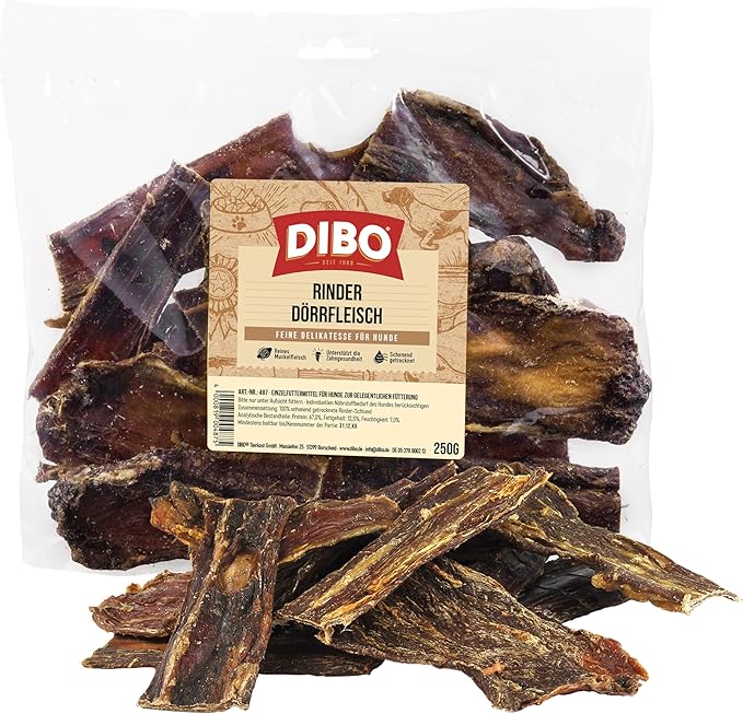 DIBO DIBO - Carne essiccate, sacchetto da 250 g, snack naturale o dolcetti per cani, articoli da masticare di qualità senza prodotti chimici