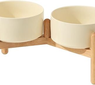 Керамические миски для собак объемом 850 мл на подставке из дерева, двойной комплект для еды и воды, нескользящие и устойчивые, идеально подходят для маленьких и средних собак - легко моются.