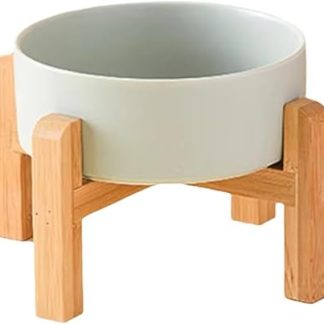 Большая керамическая миска для собак с двойной подставкой, приподнятая над поверхностью, для корма и воды для маленьких, средних и больших собак, с деревянной подставкой.