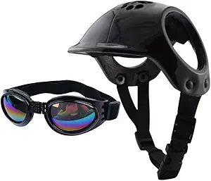Dog Helmet and Goggles, Dog Helmet for Small Dogs with Ear Holes, Doggy Sunglasses Windproof Doggies Motorcycle Helmets for Outdoor Riding Hiking Cycling, Adjustable Belt