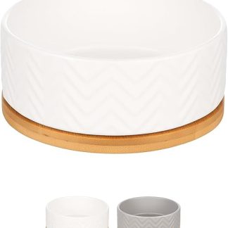 Миска для собак Flamingo Biano 990 мл, белая, нескользящая, эмалированная, керамическая, на бамбуковой подставке, 16 см x 6 см x 7 см.