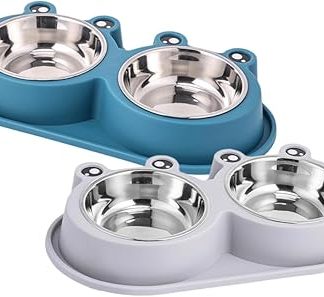 2 двойные миски для еды и воды для собак, приподнятые над поверхностью, из нержавеющей стали, с нескользящим основанием в форме лягушки, устойчивые к опрокидыванию и протеканию, для щенков.