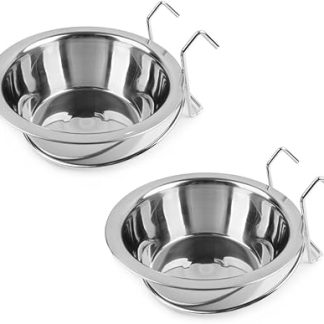 Набор из 2 подвесных мисок из нержавеющей стали с крючками для птичьих клеток, курятников, собак, кошек, попугаев, птиц, кроликов (16,5 см).