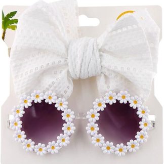 Generic Cute Dog Sunglasses with Dog Bow Headband,Flower Dog Sunglasses Pet Costume Prop Sunglasses,Stretchy Bow Bow Headband for Dog Cat(White)