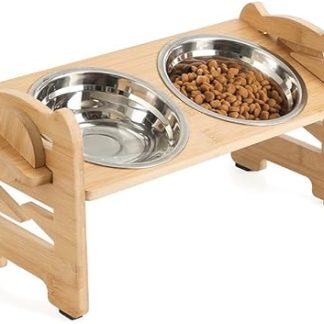 Миска для собак на подставке, миска для корма для собак и кошек, нержавеющая сталь, миска для корма для собак, приподнятая на 15°, с подставкой, регулируемая по высоте, бамбуковая кормушка с 2 мисками.