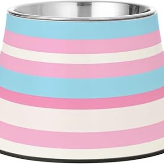 Усовершенствованная металлическая миска для собак с прямыми полосками розового и светло-голубого цвета из нержавеющей стали, предназначенная для медленного кормления собак и уменьшения усталости усов.