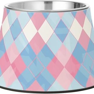 Усовершенствованные металлические миски для домашних животных с клетчатым узором светло-голубого и розового цвета, идеально подходящие для питомцев, которые едят медленно.