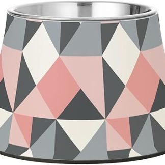 Серые и розовые миски для кошек неправильной треугольной формы из нержавеющей стали, приподнятые над поверхностью стола, удобные для кормления.