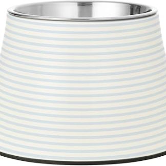 Синяя миска для корма для домашних животных в вертикальную полоску с подставкой из нержавеющей стали. Простые миски для маленьких питомцев.