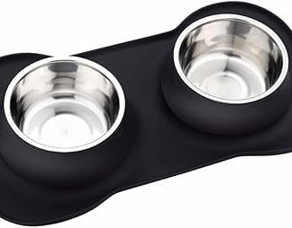 Миска для еды для собак и кошек, миска для маленьких собак, нержавеющая сталь, миска для воды для собак, с 1 подставкой для собаки, нескользящий силиконовый коврик (35 x 21 см)
