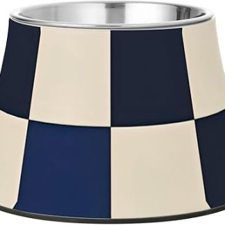 Приподнятые миски для воды из нержавеющей стали в сине-черно-белую клетку для кошек, которые медленно пьют воду. Усы для кошек. Plato para perro