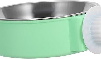 Подвесная клетка для собак из нержавеющей стали и небольшой зеленый противоскользящий и легко моющийся поддон для корма для животных.