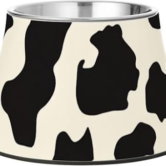 Бежево-черная миска для корма для домашних животных с принтом под коровью шерсть, нескользящая миска из нержавеющей стали для кормления собак средних размеров, миска для кормления собак ...
