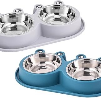 Набор из двух мисок для собак Toyvian из нержавеющей стали с приподнятым основанием в форме лягушки, нескользящий и герметичный, идеально подходит для кормления и поения мелких домашних животных.