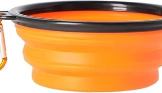 Силиконовая дорожная миска DINGO для собак с металлическим карабином, черным ободком, особо прочная, складная и легкая, объем 350 мл, оранжевая (14466)