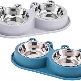 2 миски для собак в форме лягушки, приподнятые над поверхностью, из нержавеющей стали, с нескользящим и антифрикционным основанием для предотвращения разлива воды и корма.