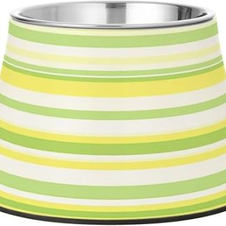 Миска для корма и воды для собак в полоску лимонно-желтого и светло-зеленого цвета с подставкой, из нержавеющей стали, для мелких домашних животных.