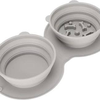 Складная силиконовая миска для собак KIMISS — портативная двойная миска для походов, кемпинга и путешествий — настенная складная миска для домашних животных с ограничительными зубцами для медленного приема пищи.