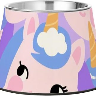 Миска для воды в виде милого фиолетового единорога из мультяшного мультфильма, нескользящая, из нержавеющей стали, подходит для средних собак, не боится усов.