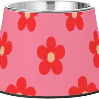 Красные цветы, розовый фон, миски для корма для домашних животных, приподнятые миски для воды из нержавеющей стали для маленьких домашних животных, удобные для усов, platos para perros pequenos