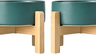 Набор керамических мисок для собак SPUNKYJUNKY с бамбуковой подставкой для кошек и собак (1800 мл, зеленый)