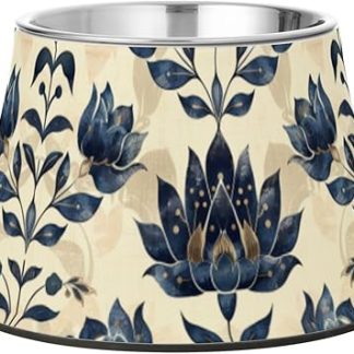 темно-синие цветы, миска для корма для животных, нескользящая миска из нержавеющей стали для кошек и собак среднего размера, удобная для кормления.