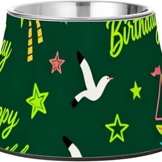 Темно-зеленая лодка с чайкой, день рождения, кокосовая пальма, миски для корма для домашних животных, приподнятая миска из нержавеющей стали для средних собак, усы, средство для облегчения кормления собак