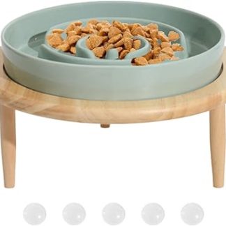 Аксессуары для домашних животных. Миска для медленного кормления собак, деревянная керамическая миска для кормления с приподнятым основанием, нескользящая (светло-зеленая).